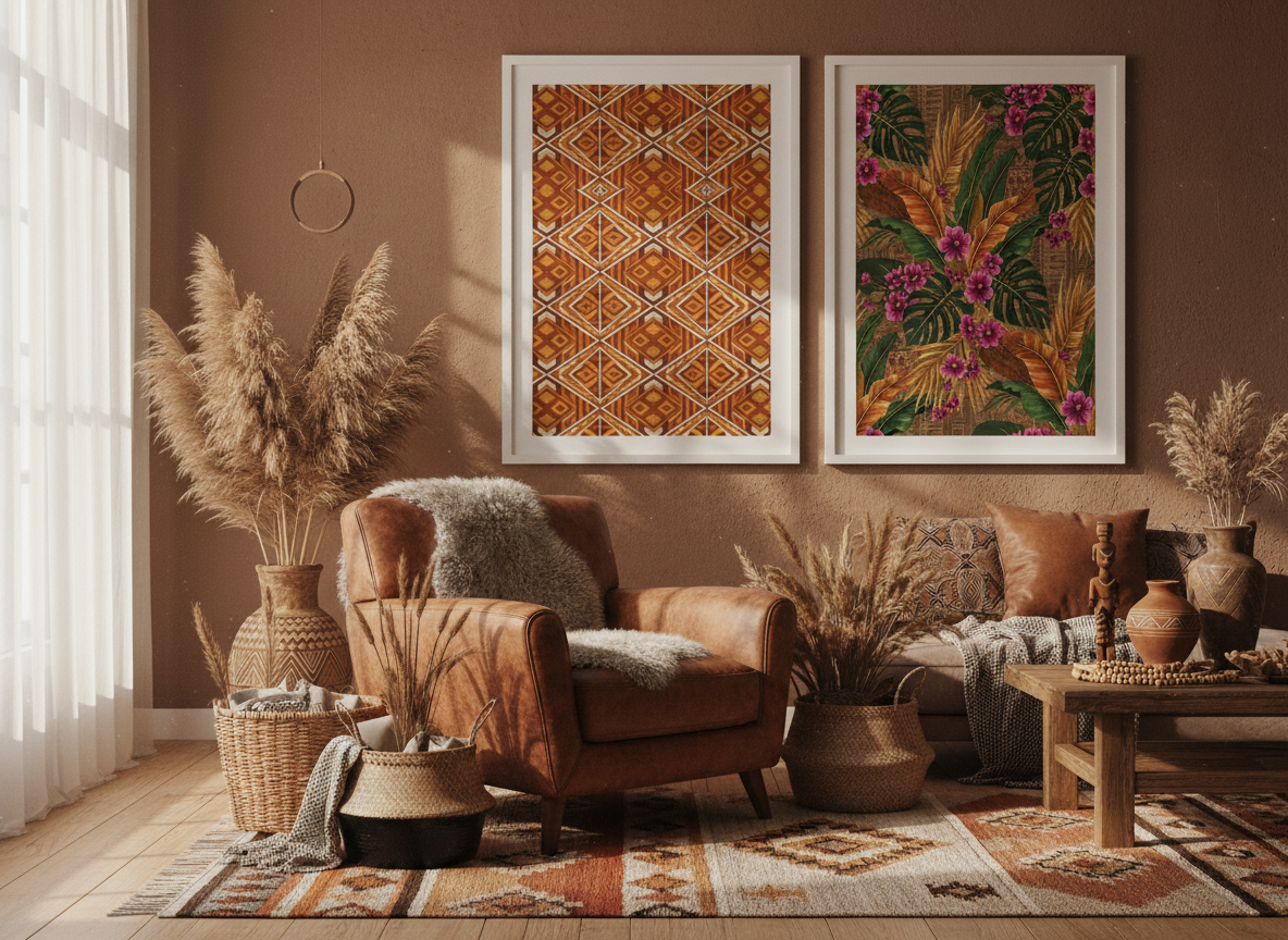 African boho wall art in living room