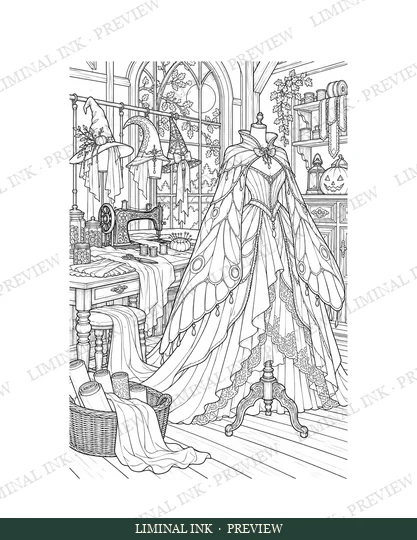 The Night Couturier, line art with a Liminal Ink preview watermark.