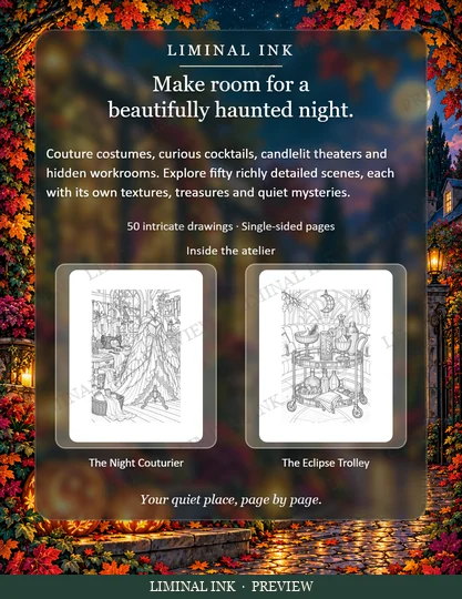 The back cover of The Halloween Atelier, with two of its drawings, The Night Couturier and The Eclipse Trolley, and a Liminal Ink preview watermark.