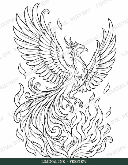 A Phoenix Among Flames, line art with a Liminal Ink preview watermark.