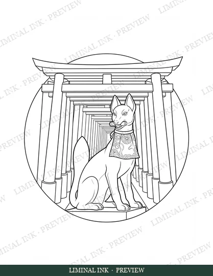 A Fox at the Shrine Gate, line art with a Liminal Ink preview watermark.