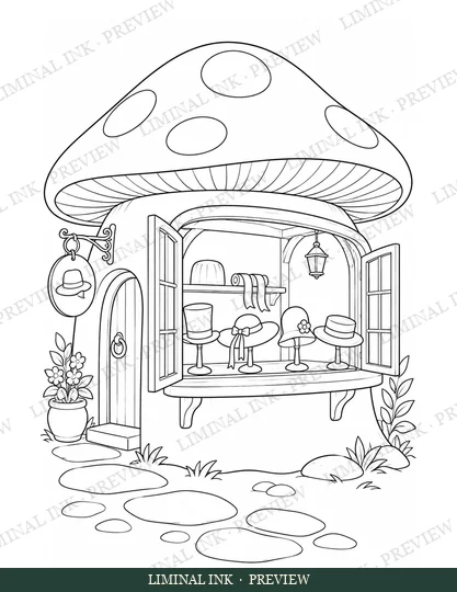 The Mushroom Hat Shop, line art with a Liminal Ink preview watermark.